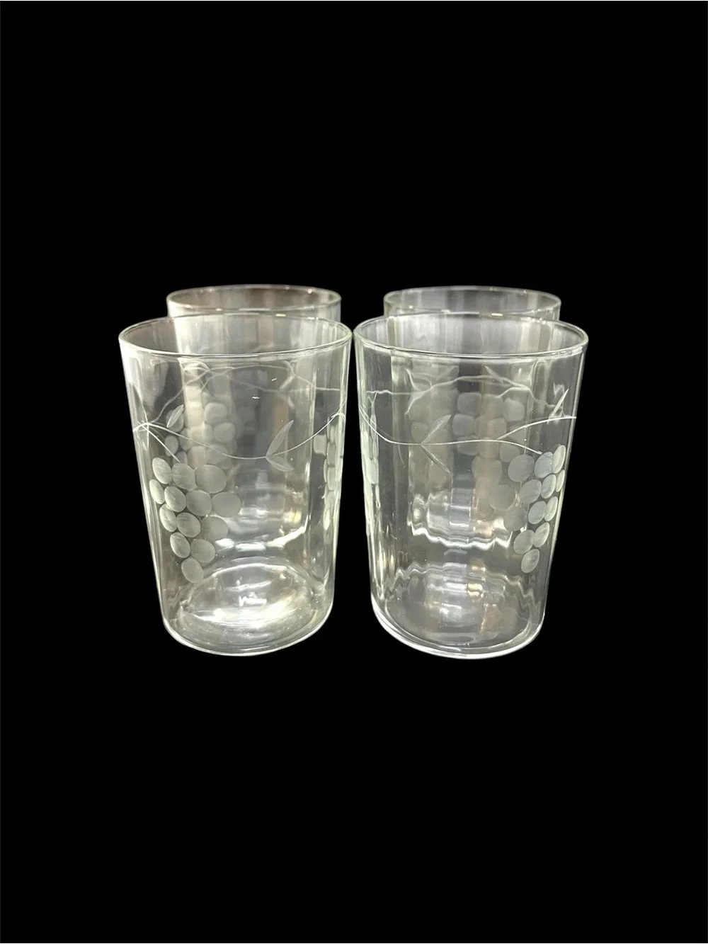 Set of 4 Vintage Etched Grape and Leaves Juice Water Tumbler Glasses 4”